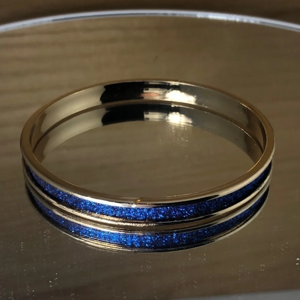 Blue Glitter Gold Tone Metal Bangle Bracelet